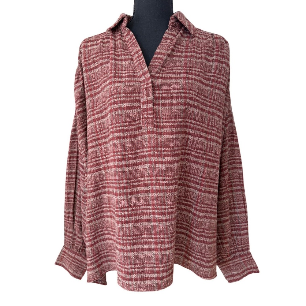 In Loom Plaid Tunic Blouse Size S Mahogany Cotton Linen Boho Academia Lagenlook